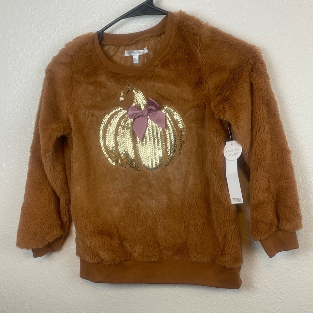 Girl Tahari Sz 7 Halloween Crewneck Sweater Soft Fuzzy Sequin Pumpkin Pink Bow